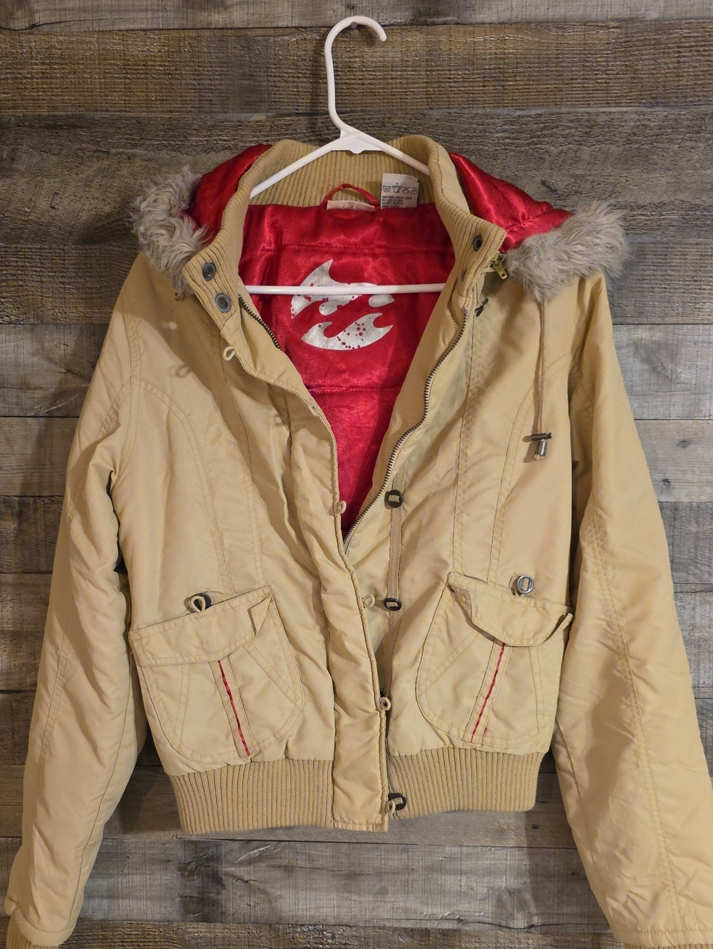 Billabong Beige Bomber Jacket with Red Lining and Faux Fur Trim